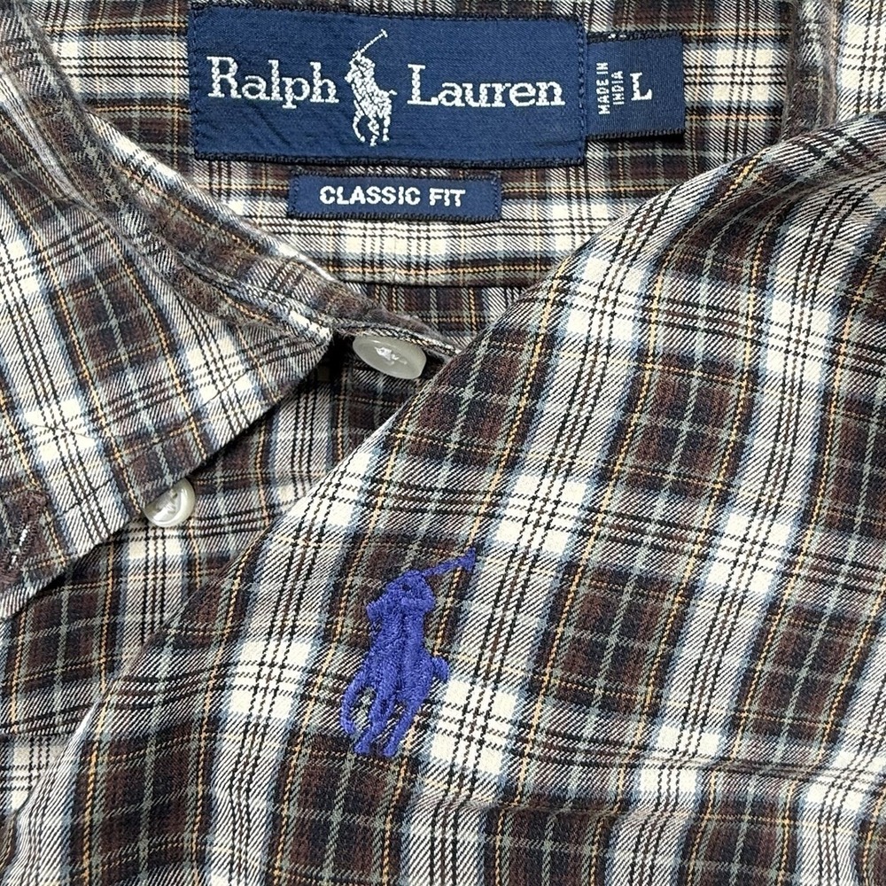 Vintage Ralph Lauren Shirt Mens Large Plaid Button Up Classic Pony Brown - Picture 1 of 6